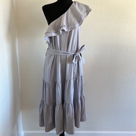 Nicole Miller Linen One Shoulder Ruffle Fit and Flare Dress Size Large - Picture 4 of 12